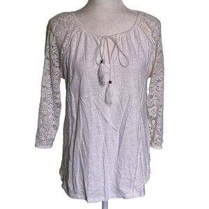 Women Boho Chic Ivory Tunic Blouse Lace Raglan Sleeves Tie Neck Tassels Size Med
